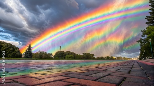 Vibrant Rainbow Arching Over Ocean and Mountains at Sunset