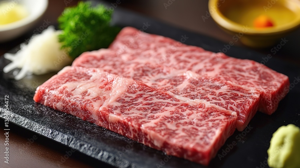 A luxurious Japanese steakhouse serving wagyu with traditional sides. A luxurious Japanese steakhouse serving wagyu with traditional sides.