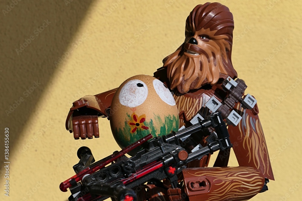 Obraz premium LEGO Star Wars action figure of Wookie Chewbacca holding hand painted easter egg with big eyes, painted grass and fowers on bottom in hi arms. Yellow wall in background.