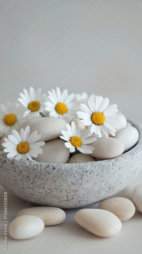 Delicate daisies in pebble bowl a balanced design element Delicate daisies in pebble bowl a balanced design element