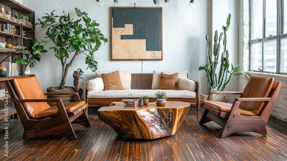 Fototapeta premium Modern living room with leather chairs, wooden coffee table, and plants.
