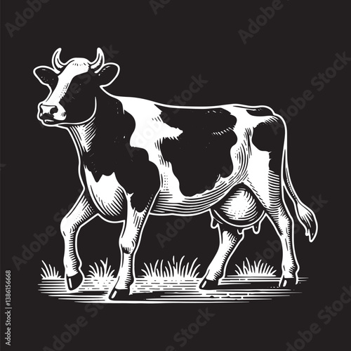 Holstein Cow Vector Illustration – Vintage Retro Logo Design on Black Background