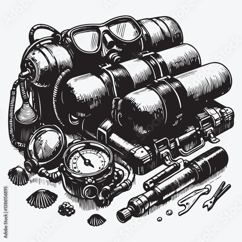 Diving equipment with sketch style stock illustration