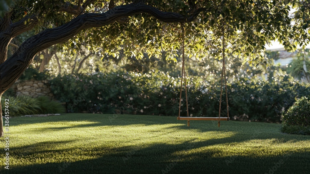 Obraz premium Serene garden swing under a tree.