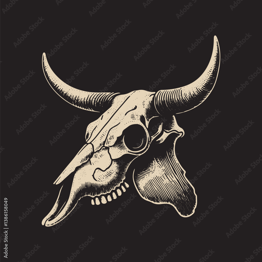 Fototapeta premium Texas Longhorn Cattle Vector Illustration – Vintage Retro Logo Design on Black Background