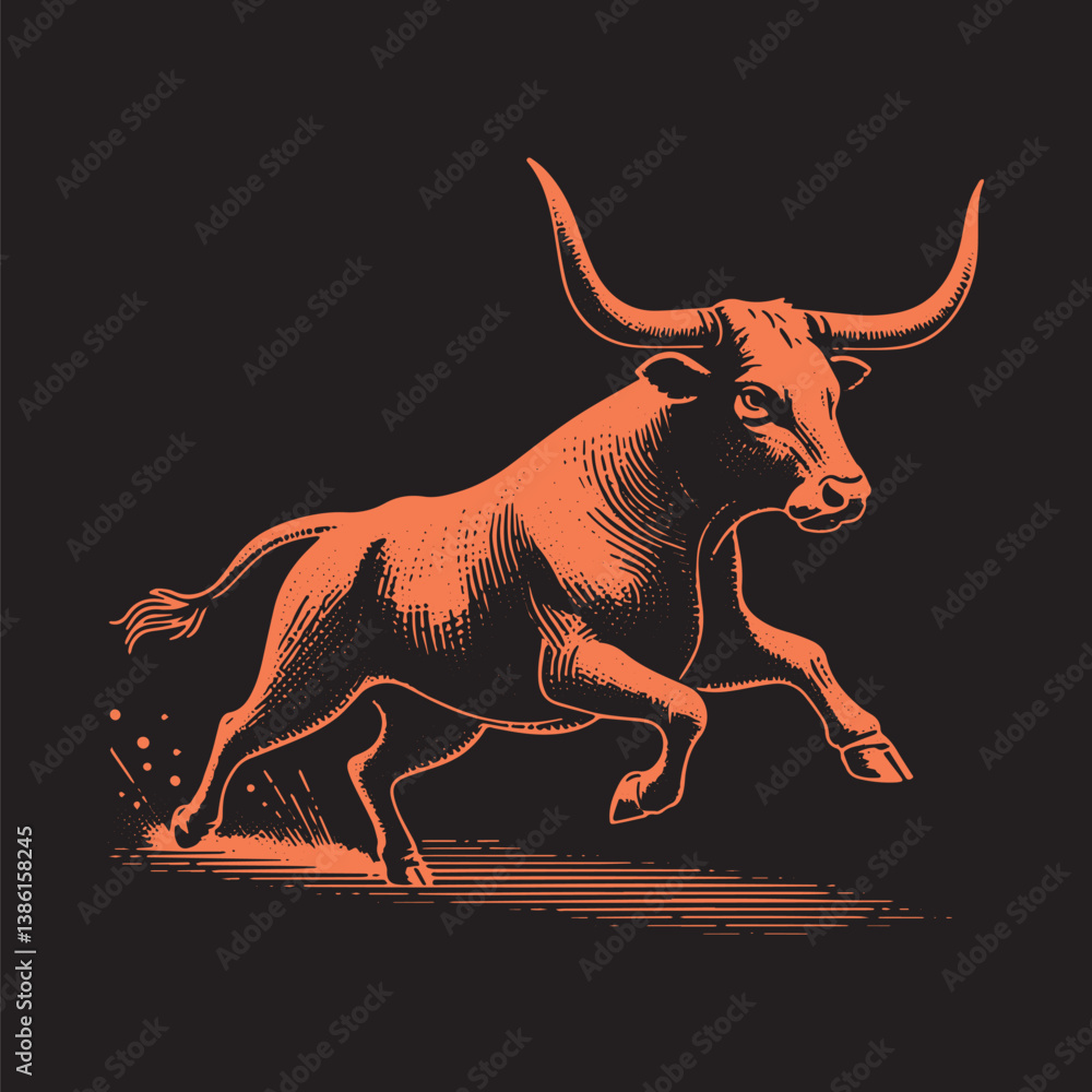 Obraz premium Texas Longhorn Cattle Vector Illustration – Vintage Retro Logo Design on Black Background