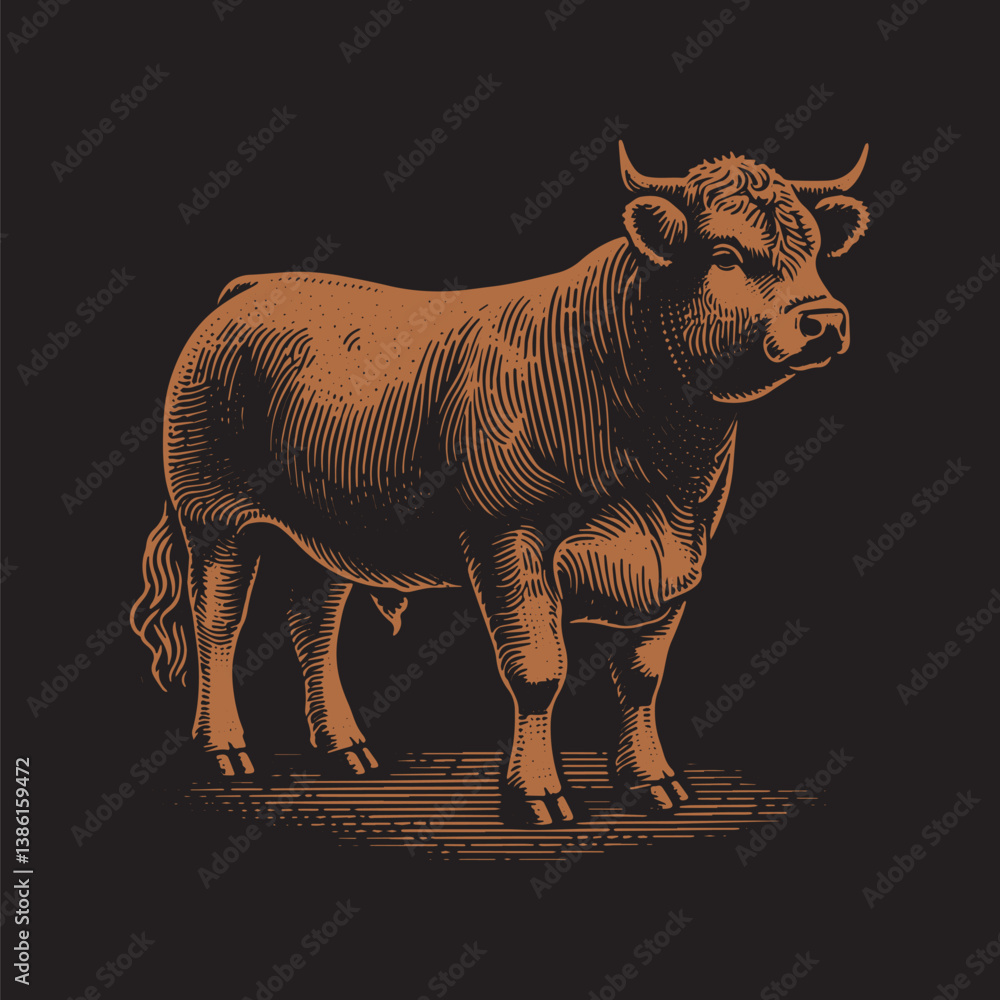 Fototapeta premium Hereford Cattle Vector Illustration – Vintage Retro Logo Design on Black Background