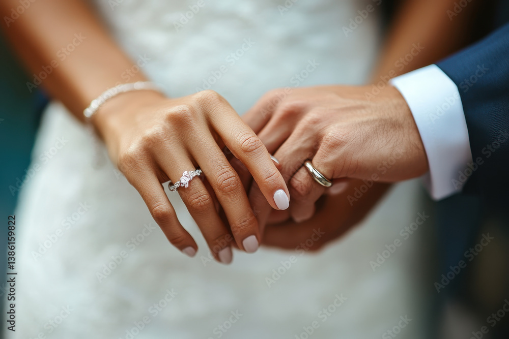 Bride and groom holding hands, fingers intertwined, showing wedding rings. Bouquet in bride's hand, groom in a suit. Background of greenery and flowers.