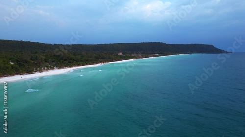 Wallpaper Mural Turquoise waves on Sok San Beach at sunset. Fantastic aerial view flight drone Torontodigital.ca