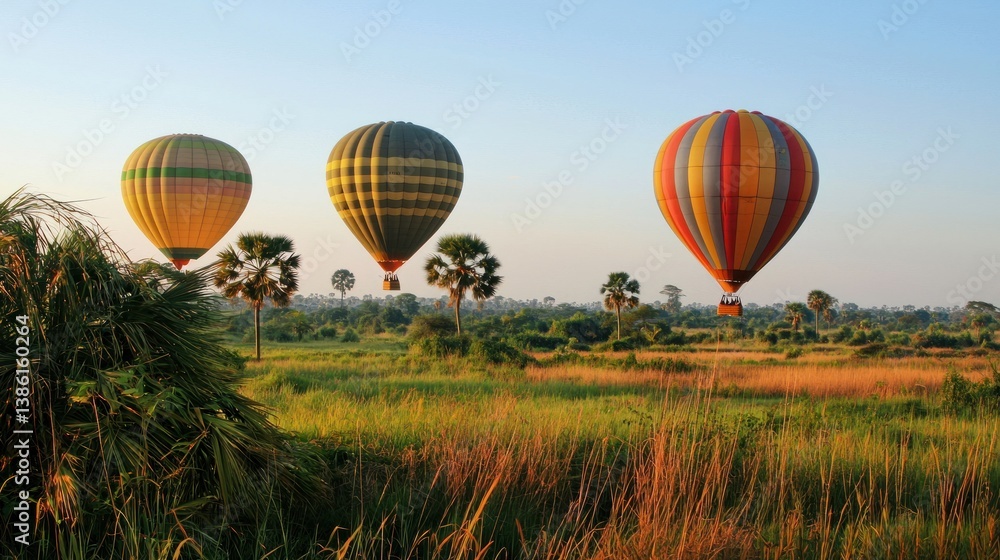Fototapeta premium Three hot air balloons fly over a serene landscape at sunrise.