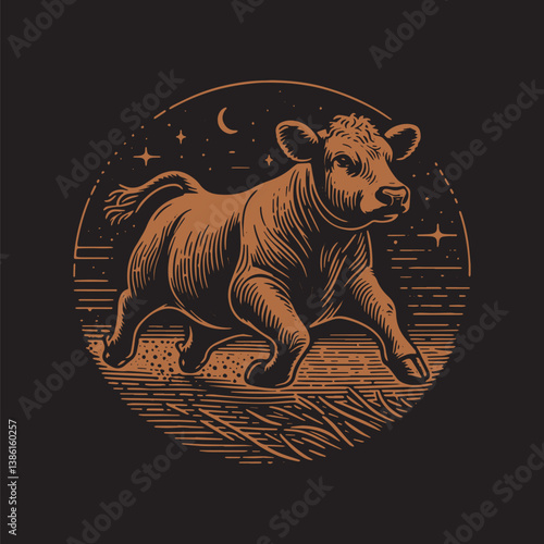 Hereford Cattle Vector Illustration – Vintage Retro Logo Design on Black Background