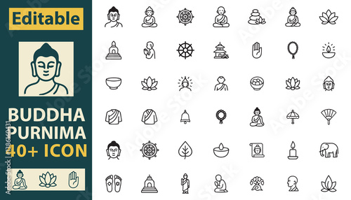 Buddha Purnima Icon Set - 40+ Editable Minimalist Icons Representing Buddhist Symbols, Meditation, and Spirituality