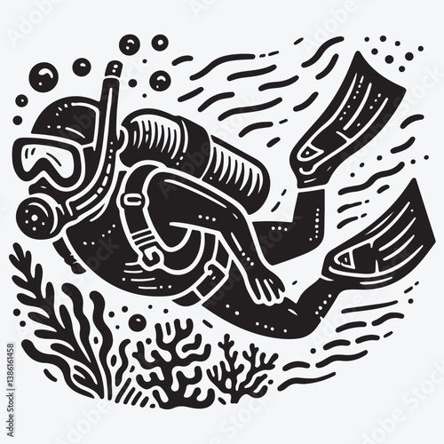 Doodle style icon showing scuba diver wearing fins stock illustration