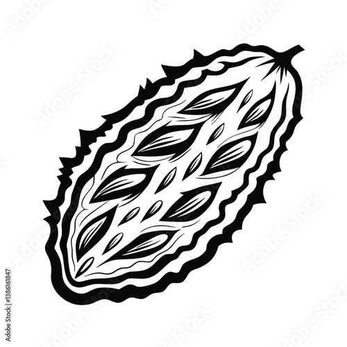 Abstract Monochromatic Art Stylized Bitter Melon with Detailed Patterning on White