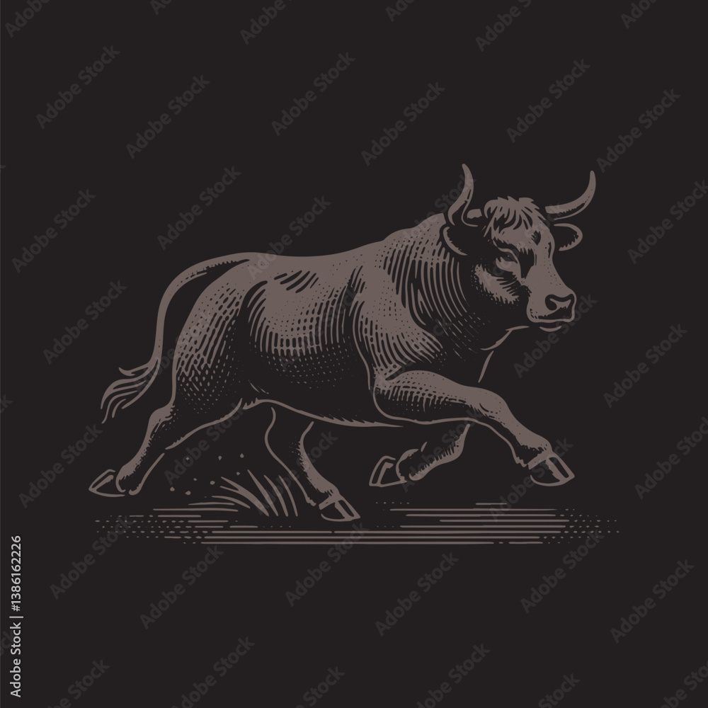Obraz premium Angus Cattle Vector Illustration – Vintage Retro Logo Design on Black Background