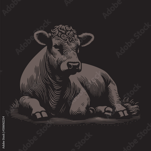 Angus Cattle Vector Illustration – Vintage Retro Logo Design on Black Background