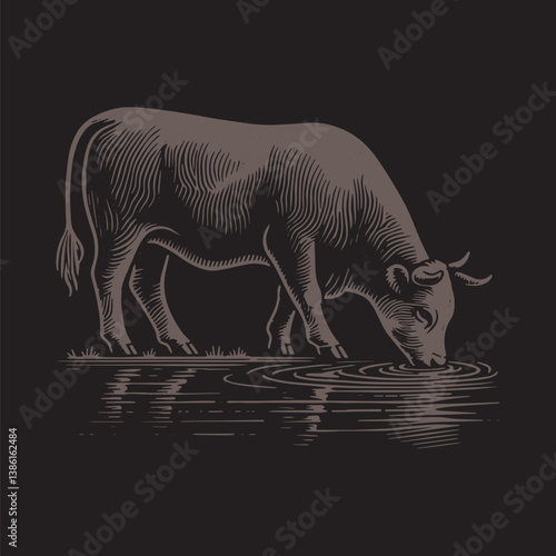 Angus Cattle Vector Illustration – Vintage Retro Logo Design on Black Background