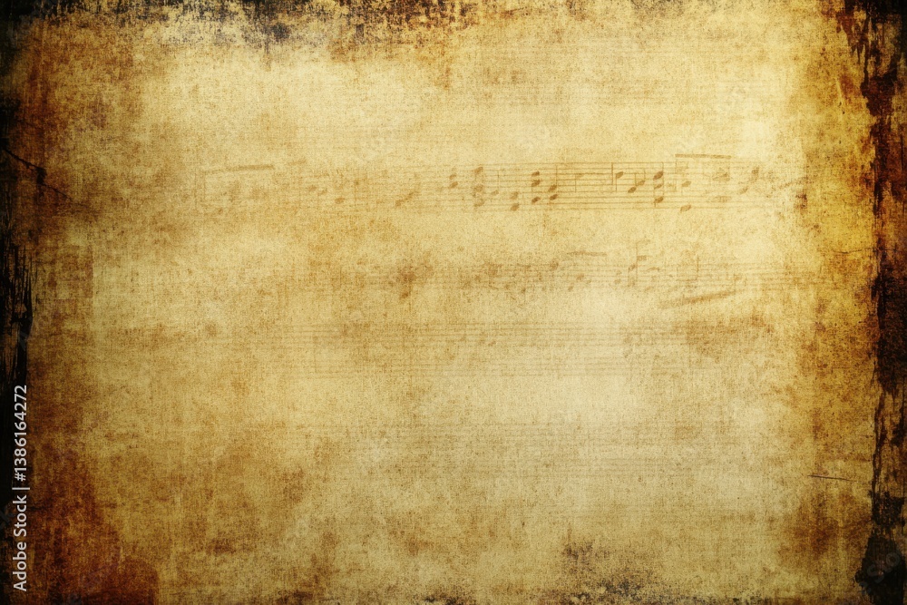 Naklejka premium Vintage sheet music with faded notes on a weathered background.