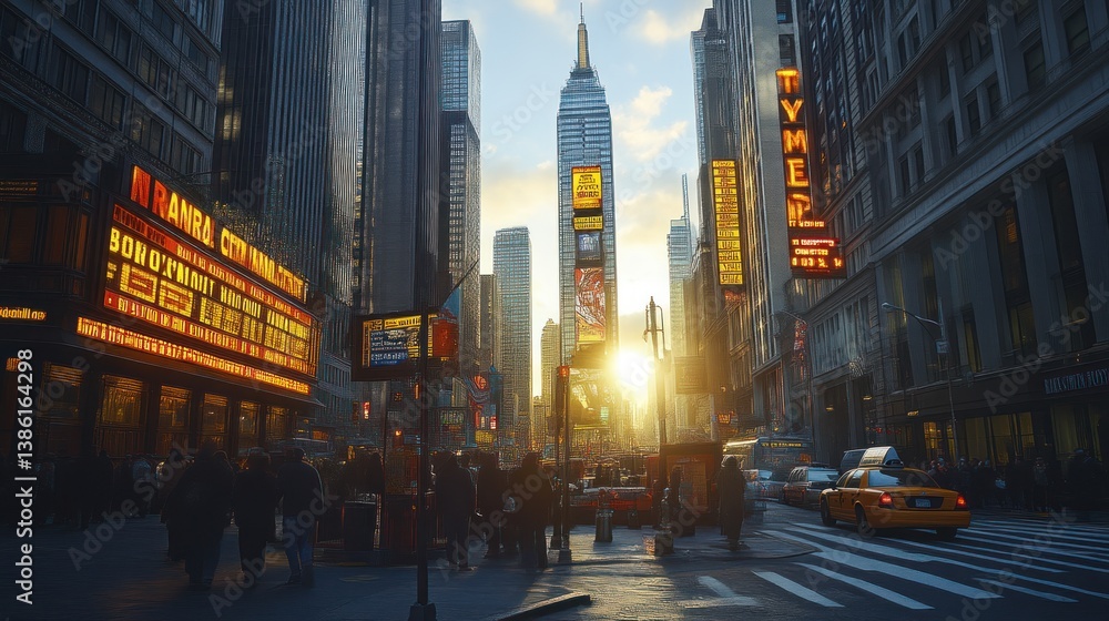 Naklejka premium Sunset in a bustling urban landscape with vibrant billboards and towering skyscrapers capturin