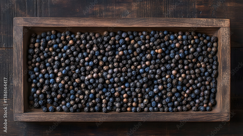 A collection of monk pepper seeds arranged neatly on a dark wooden tray, their blue-grey color contrasting with the wood.