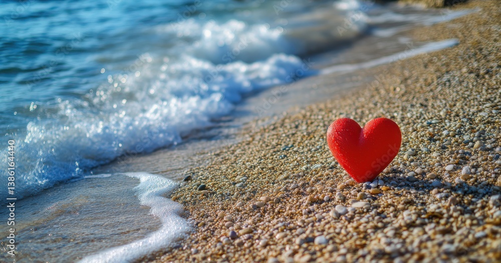 Fototapeta premium Red heart on sandy beach with gentle waves, symbolizing love and tranquility.