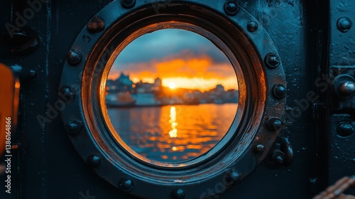 Wallpaper Mural Sunset cityscape viewed through a ship's porthole Torontodigital.ca