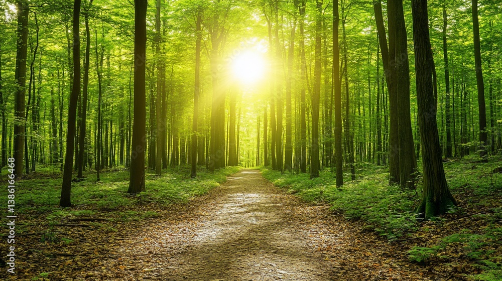 Fototapeta premium Sunlit path winding through an ethereal green forest landscape scenery