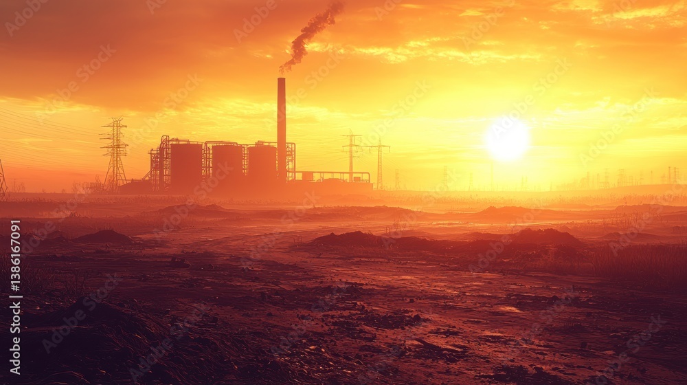 Fototapeta premium Sunset over industrial landscape with pollution.