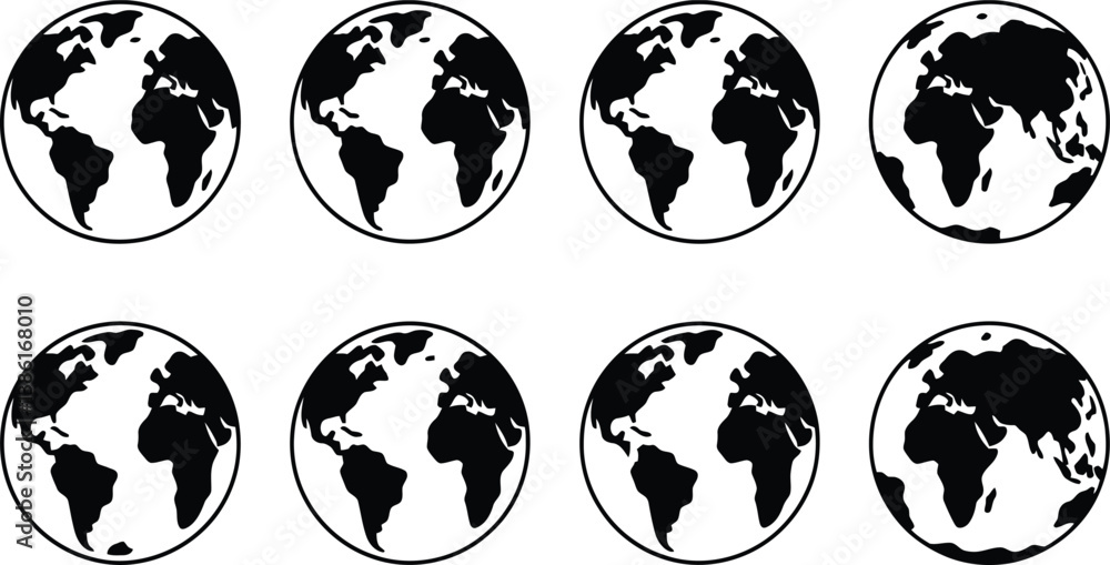 Obraz premium Minimal Earth Wall Art Set | Black & White Google Earth Symbol Design | Google Earth Symbol Poster Set | Global Black and White | Global Earth Art Collection