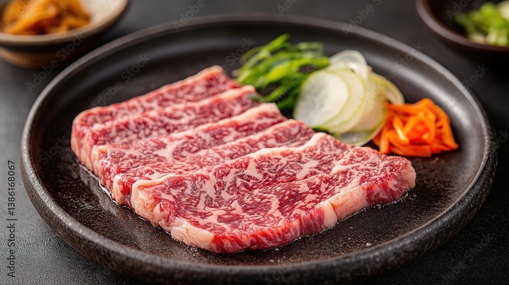 A wagyu beef steak served with Japanese ponzu sauce and pickled vegetables. A wagyu beef steak served with Japanese ponzu sauce and pickled vegetables.