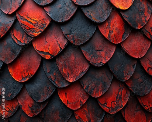 Lava Red & Obsidian Dragon Scales Texture. Fantasy macro, photorealistic seamless pattern background.