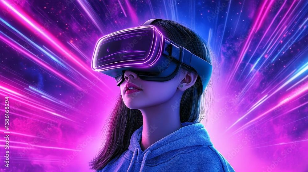 A Girl's Journey into the Frontier - A young woman explores a vibrant virtual reality landscape, symbolizing technology, innovation, adventure, escape, and the future A Girl's Journey into the Frontier - A young woman explores a vibrant virtual reality landscape, symbolizing technology, innovation, adventure, escape, and the future