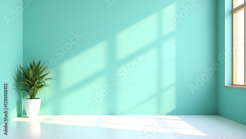 A minimalist room with a light green wall and a white floor, two potted plants with broad leaves, one on the left and one on the right, the plants are in white pots,