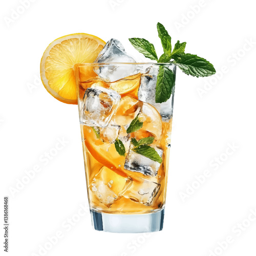 Orange lemon fresh lemonade with ice in a glass. Carbonated drink, fruit drink, cold summer soft drink