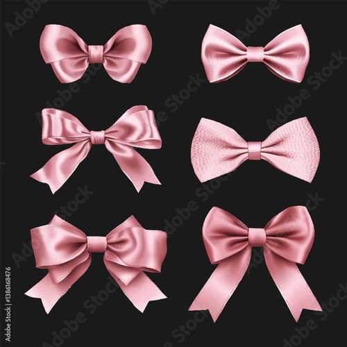 Set of decorative pink bows isolated on a dark background. Vector illustration