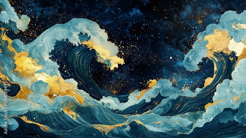 Wallpaper Mural Ocean Waves Under a Starry Night Sky Painting with Gold Highlights Decoration Torontodigital.ca