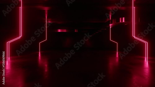 Sci Fi Futuristic Laser Neon Red Glowing Lights Concrete Room Warehouse Corridor Underground Bunker Studio Showroom Camera Dolly Fly Empty Product Title Space Cyber Alien Spaceship 3D Animation