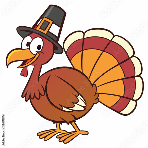 Cartoon Thanksgiving turkey in pilgrim hat on white background, perfect for holiday designs and festive