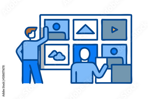 Team Collaboration Discussing Content Moderation Digital Asset Management In Blue Icon Style