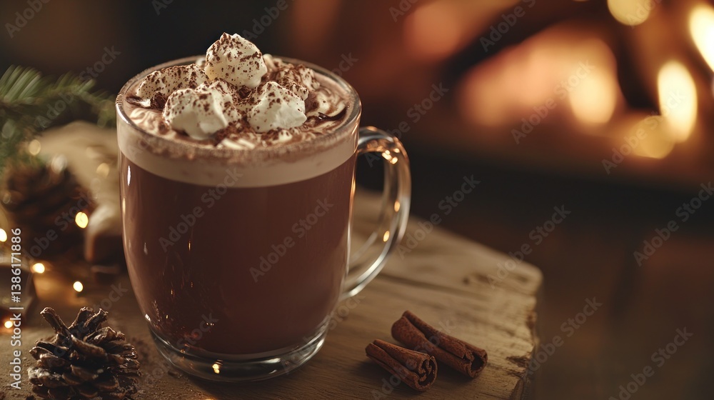 Hot chocolate with whipped cream by fireplace. Hot chocolate with whipped cream by fireplace.