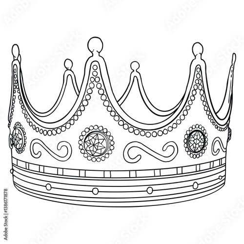 King or Queen crown on in vintage etching style. Coronation headdress for king and queen. Royal noble aristocrat monarchy jewel crown. Monarch jewels treasure symbol. Hand drawing vector.