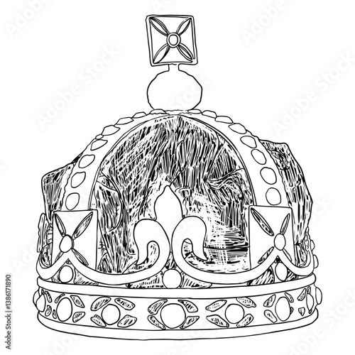 King or Queen crown. Monarch coronations with Coronet Jewel represent United Kingdom constitutional responsible government and sovereignty or authority of the monarch. State Crown made of gold.