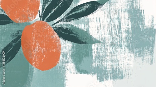 Textured citrus fruit illustration with botanical leaf elements and brush strokes