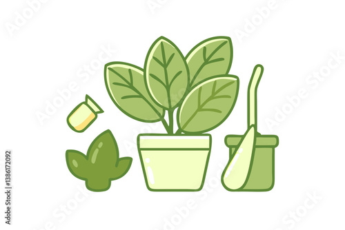 Cute Potted Plant With Leaves Shovel And Fertilizer Flat Vector Illustration