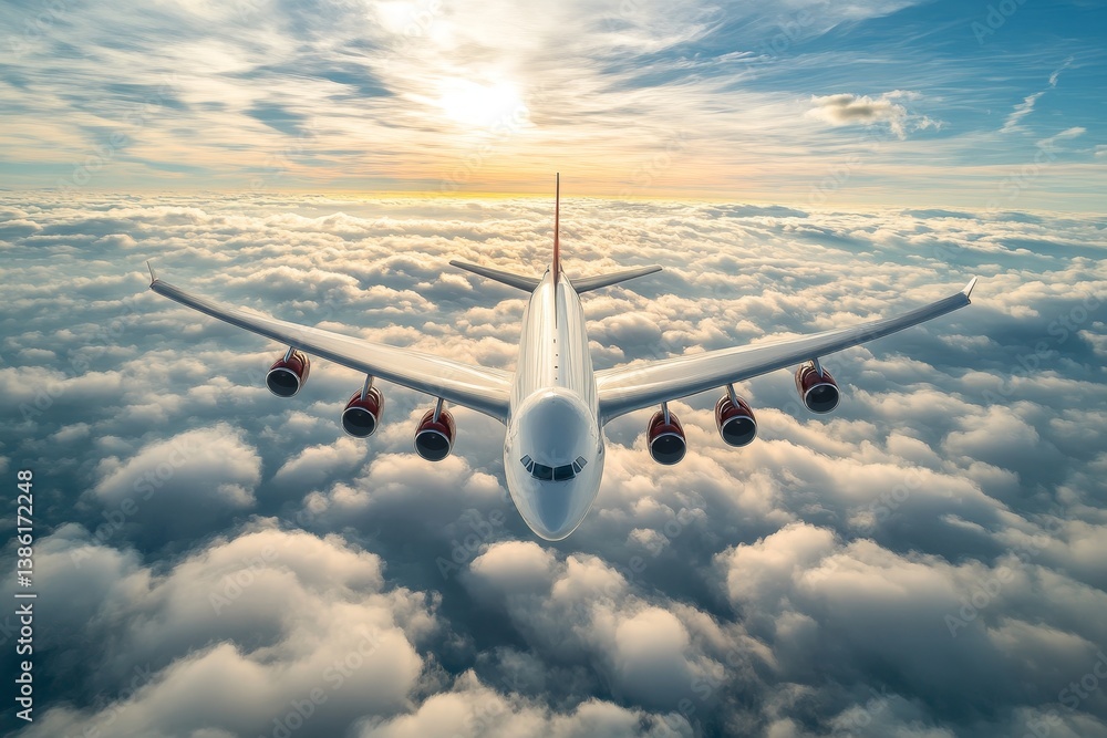 Obraz premium Airplane Soaring Above Clouds at Sunset - A majestic airplane gracefully flies above a breathtaking expanse of clouds, bathed in the warm glow of a setting sun. Symbolizing freedom, adventure, travel