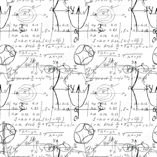 Mathematical seamless texture with handwritten math, algebra and geometry formulas and graphs, functions, calculations and operations. Vector.
