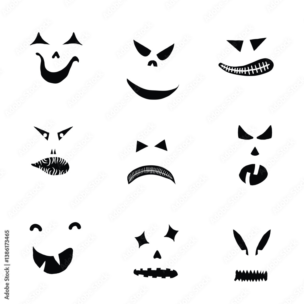 Monsters and creatures carving templates emotion face for Halloween Holidays. Cartoon faces, expressive eyes and mouth, smiling, crying face expressions. Caricature doodle. Isolated Vector. Monsters and creatures carving templates emotion face for Halloween Holidays. Cartoon faces, expressive eyes and mouth, smiling, crying face expressions. Caricature doodle. Isolated Vector.