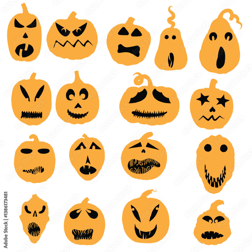 Halloween set of silhouettes of pumpkin with faces and characters. Halloween pumpkin collection, shapes, eyes, noses, emotions, creepy and spooky elements decoration. Vector. Halloween set of silhouettes of pumpkin with faces and characters. Halloween pumpkin collection, shapes, eyes, noses, emotions, creepy and spooky elements decoration. Vector.