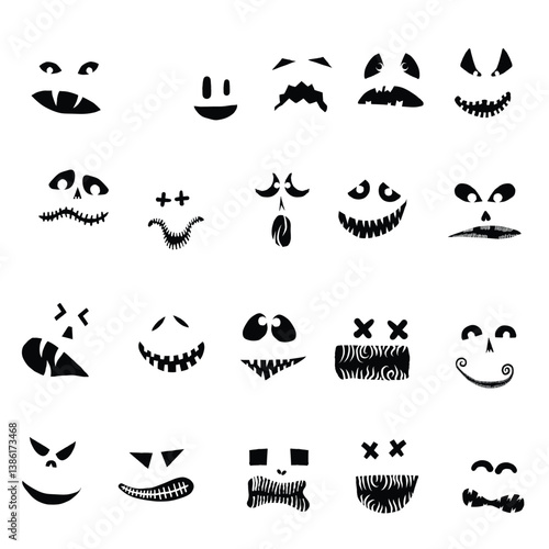 Monsters and creatures carving templates emotion face for Halloween Holidays. Cartoon faces, expressive eyes and mouth, smiling, crying face expressions. Caricature doodle. Isolated Vector.