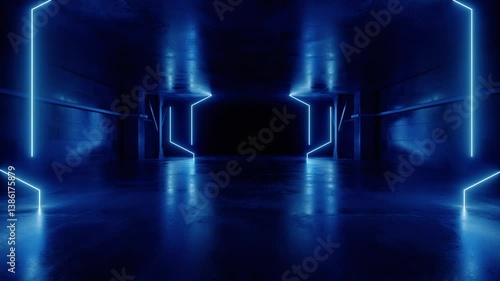 Sci Fi Futuristic Laser Blue Neon Glowing Lights Concrete Room Warehouse Corridor Underground Bunker Studio Showroom Camera Dolly Fly Empty Product Title Space Cyber Alien Spaceship 3D Animation